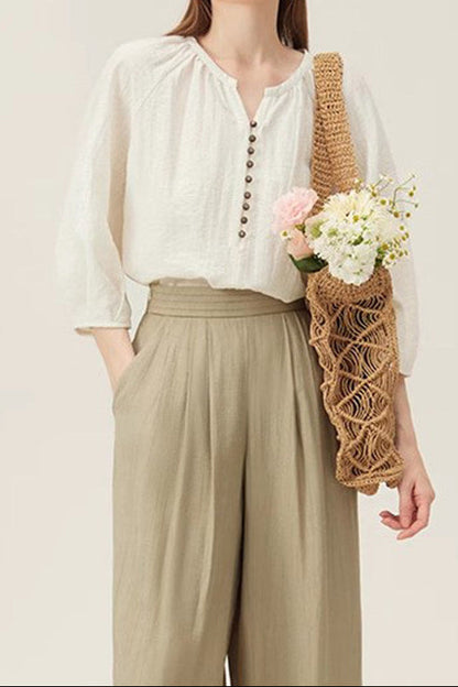 Retro round neck three-quarter sleeve linen shirt