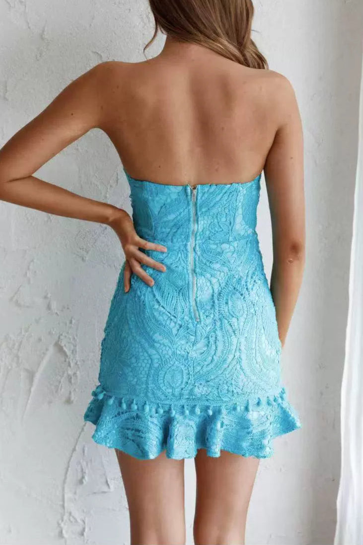 blue lace wrap chest mini dress