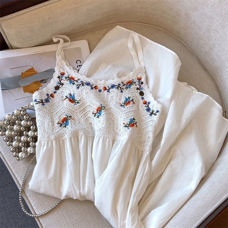 Hollow-out embroidered camisole midi dress
