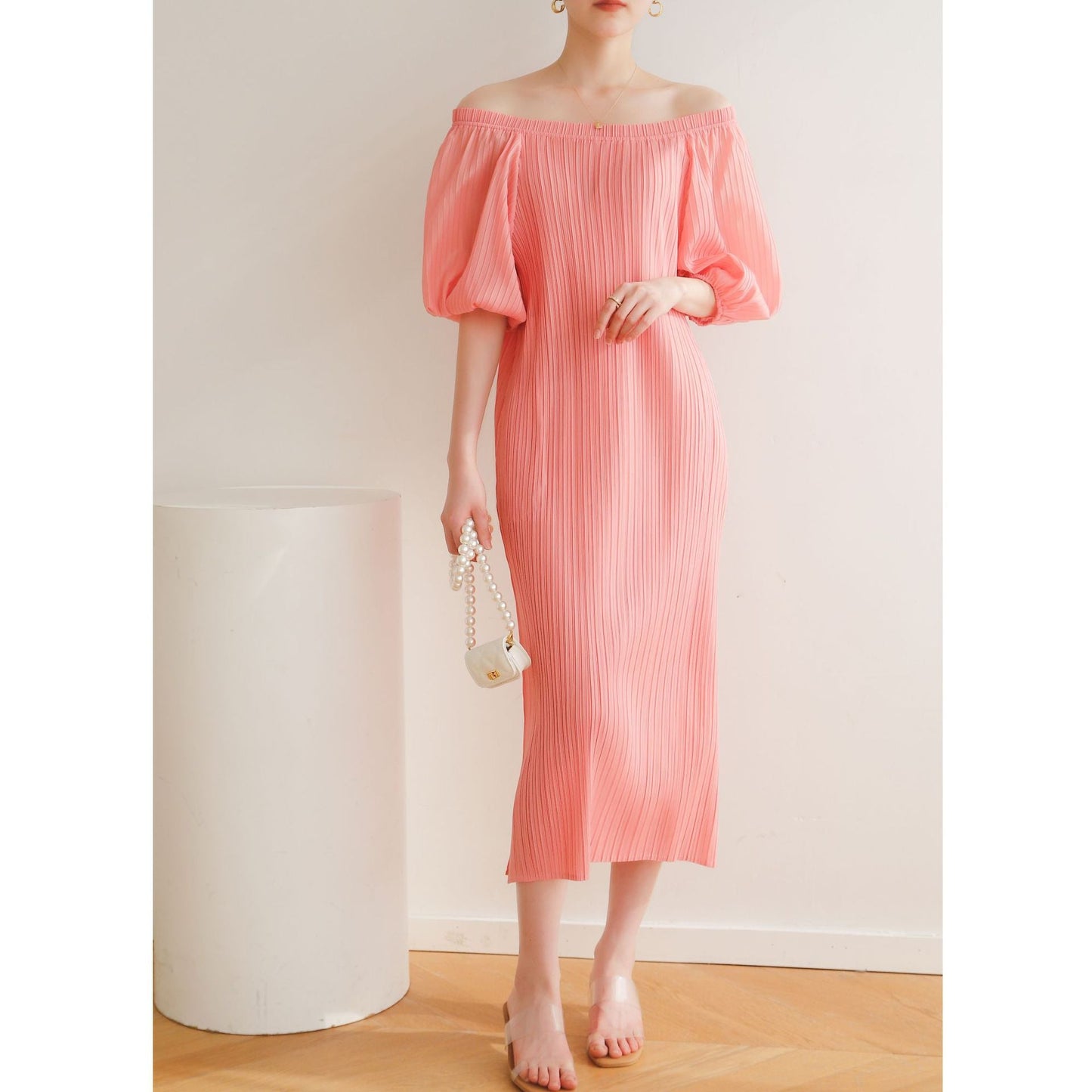 Pleated pastoral style bubble short-sleeved midi dress