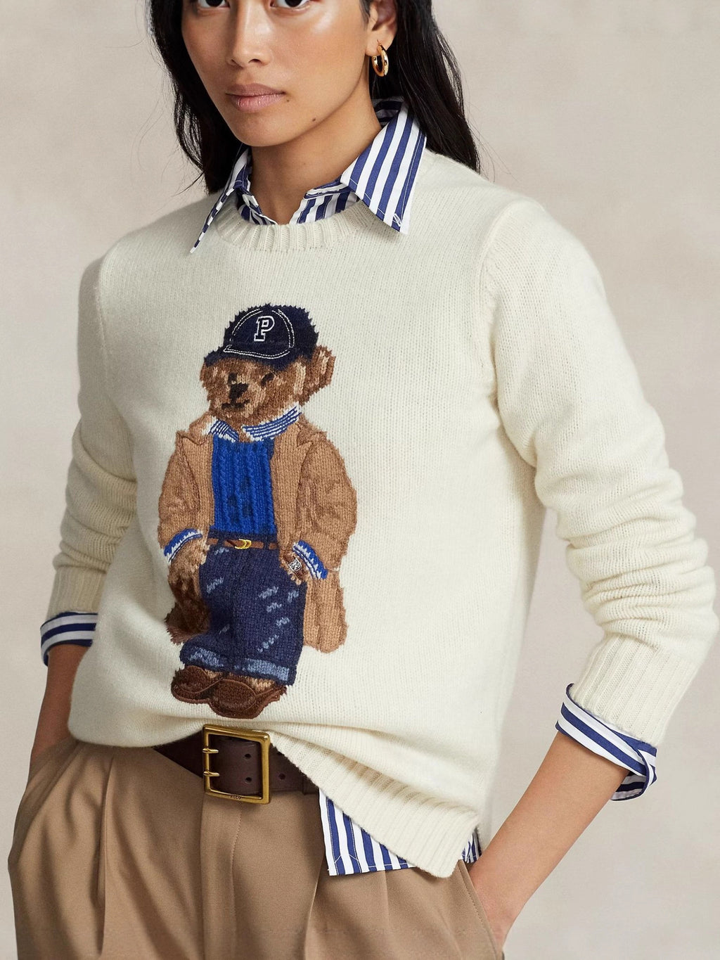 bear embroidered knitted sweater in ivory