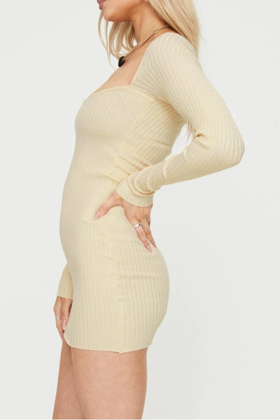 beige square neck knitted mini dress