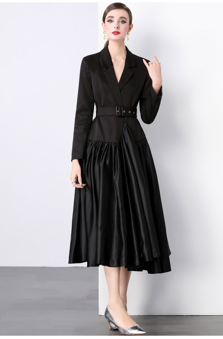 Suit collar belted long skirt