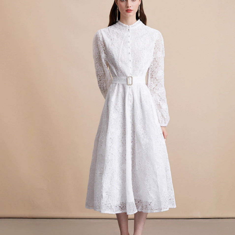 Lace embroidered stand-up collar single-breasted full skirt dress