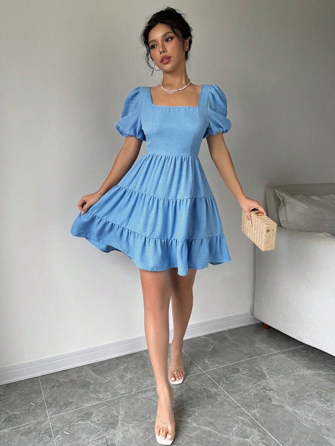 blue Square neck backless A-line mini dress