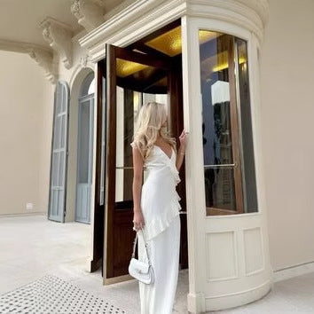 White backless ruffled halter maxi dress