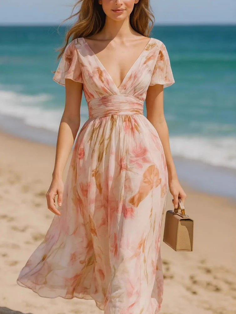 madge v-neck Printed short-sleeved maxi dress