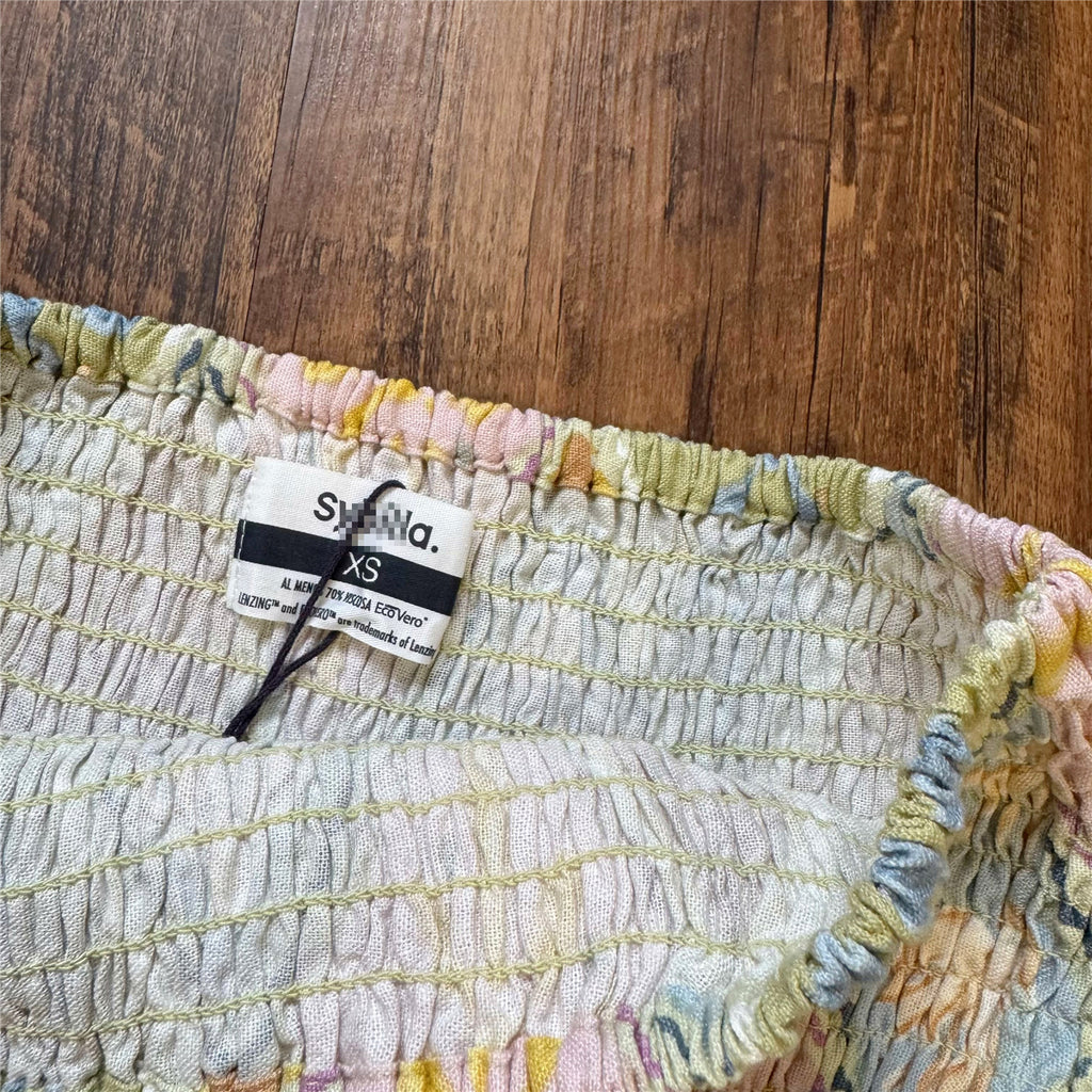 diamond plaid floral pleated elastic hip hugging linen skirt