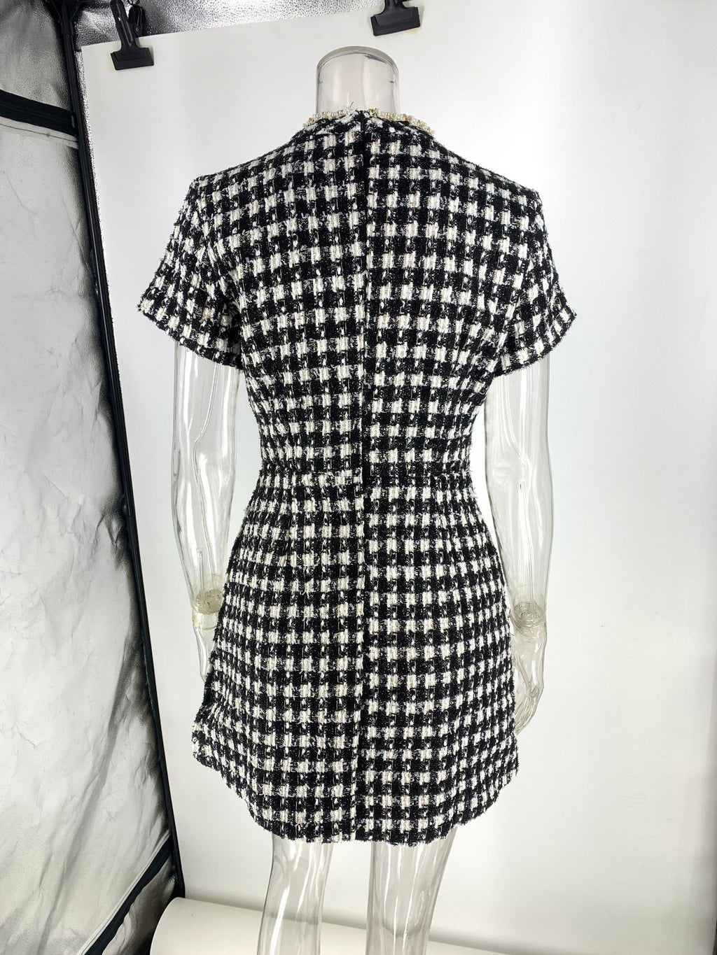 black round neck nail bead plaid mini dress