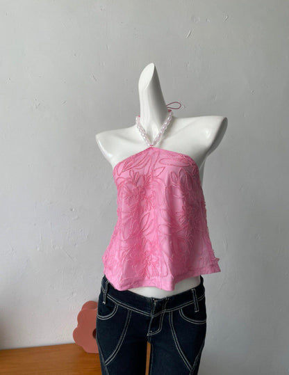 pink lace vest halterneck top