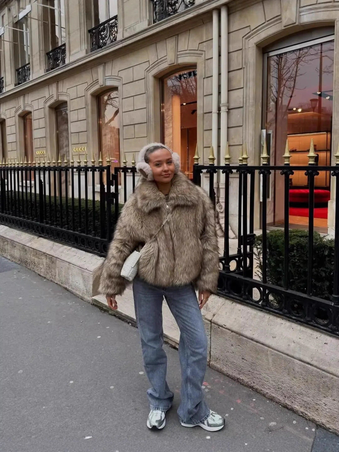 warm imitation fur jacket in Light yellow