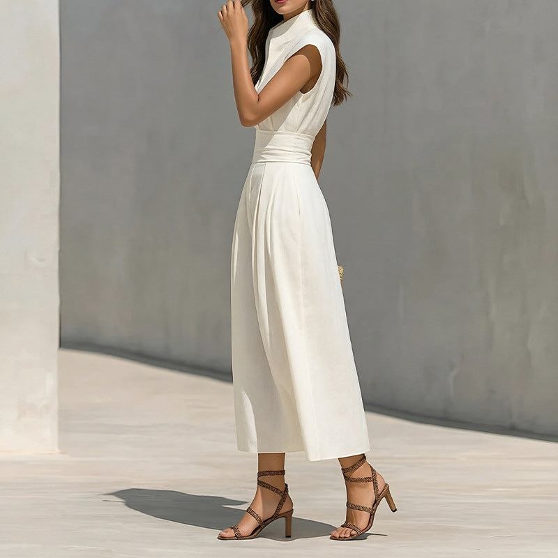 white sleeveless waist maxi dress