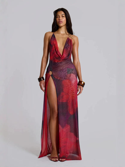 red halterneck high slit dress