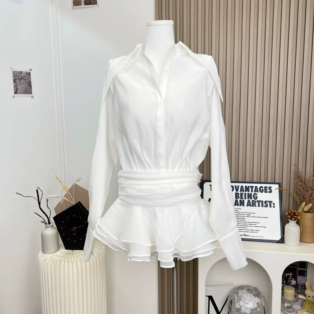 Collared mesh ruffled long-sleeved shirt and skirt