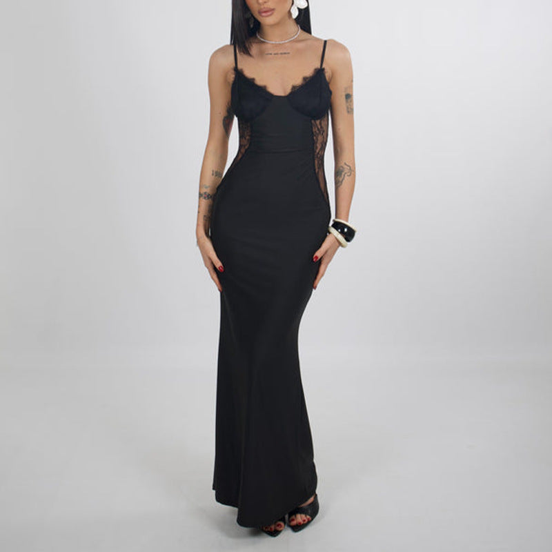 black Lace Suspender Waist Slim Dress