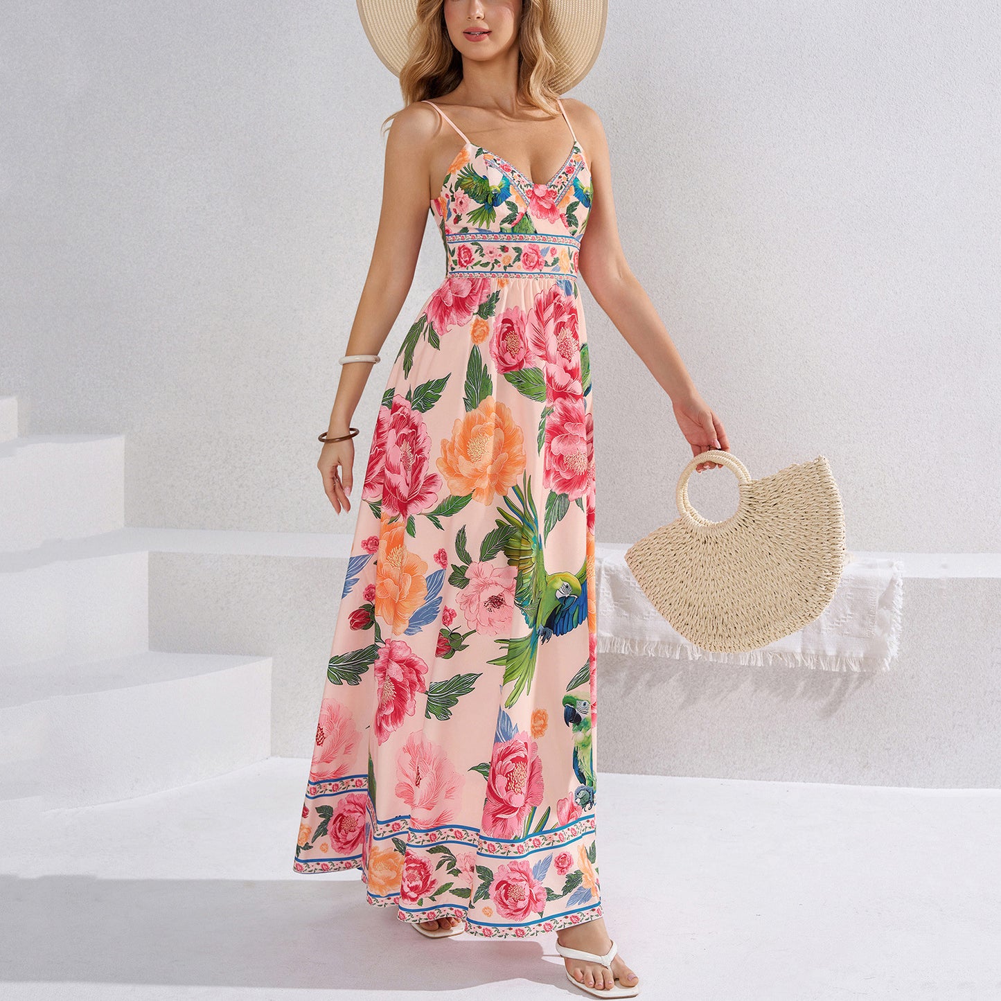 printed slip backless tie-up dress