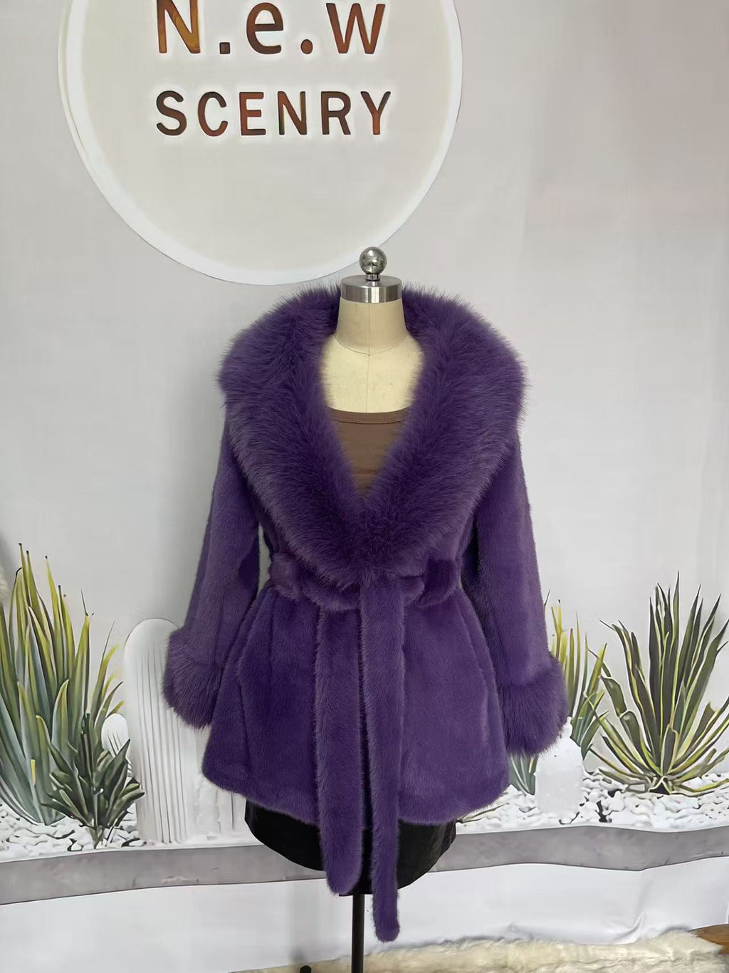 Big Fur Collar Long Mink Faux Fox Coat