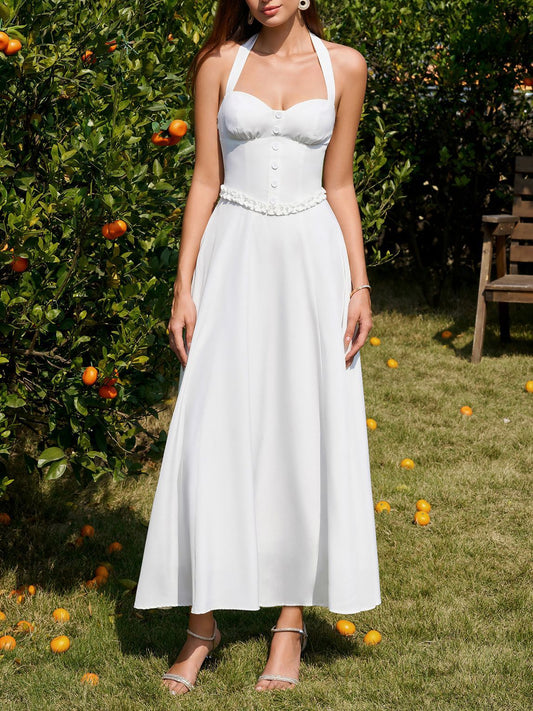 white Backless Halter-neck Tie-Up maxi Dress