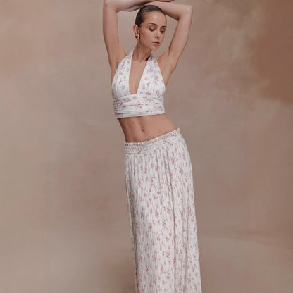 purple printed pleated deep V halterneck top skirt two-piece set