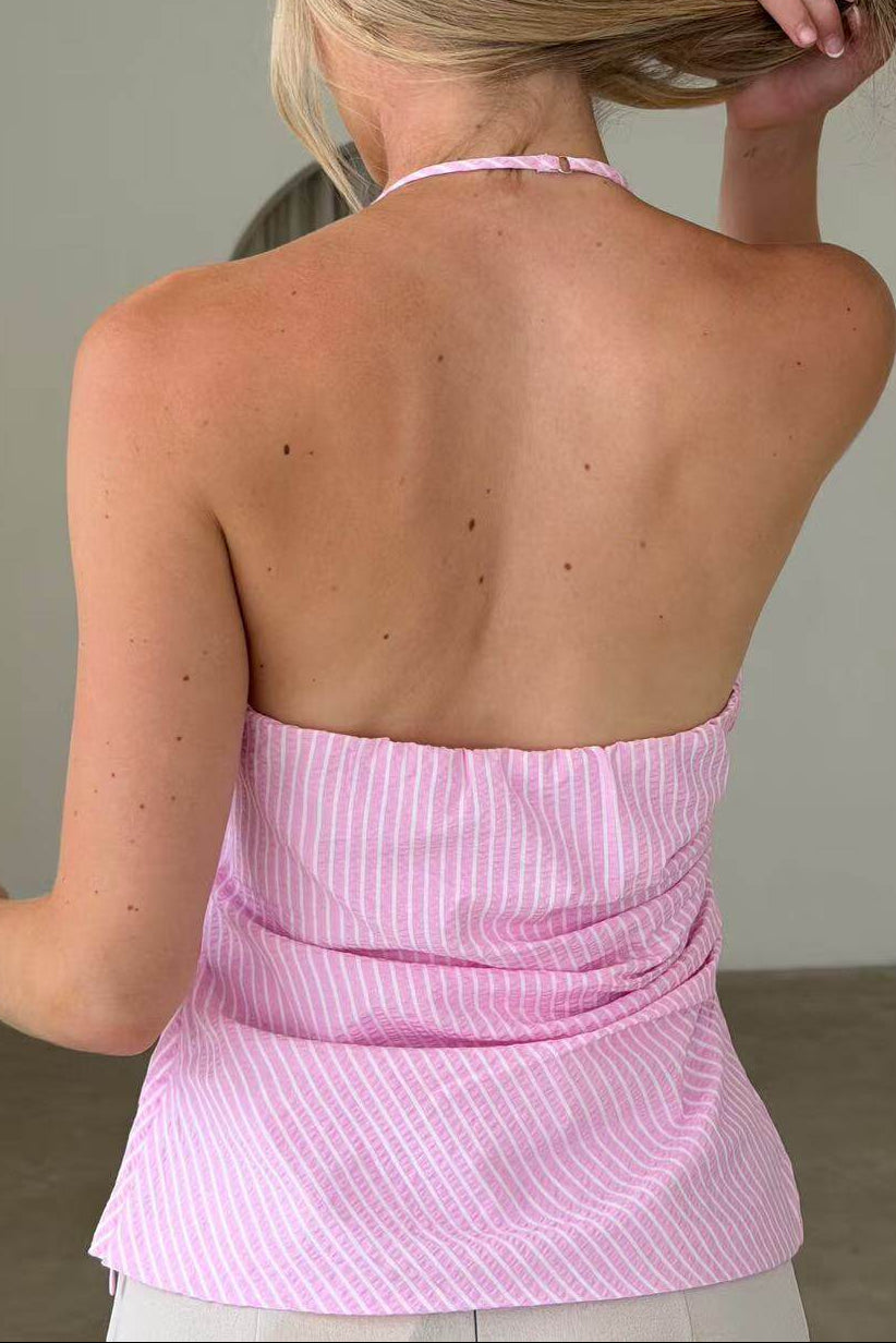 pink striped pleated halterneck top