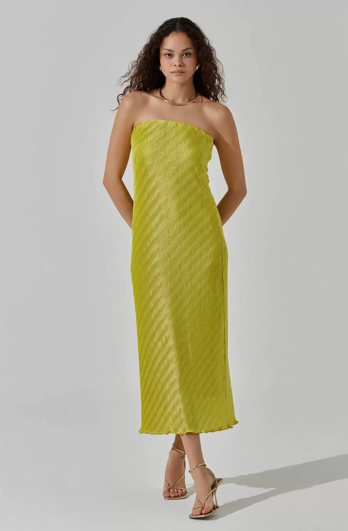 yellow glossy chest wrap dress