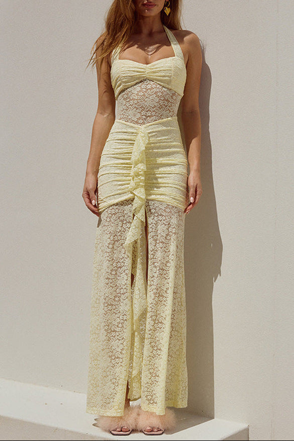yellow halterneck lace sleeveless backless dress