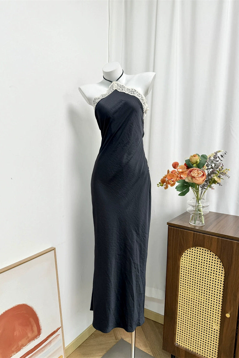 black halterneck lace patchwork satin waist open back maxi dress