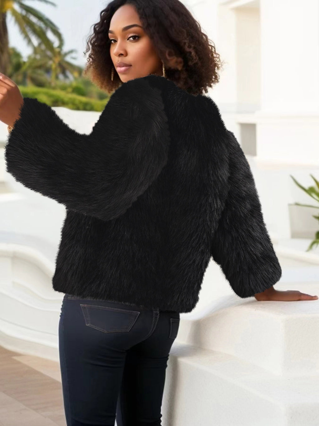 crew neck cropped imitation fur jackets