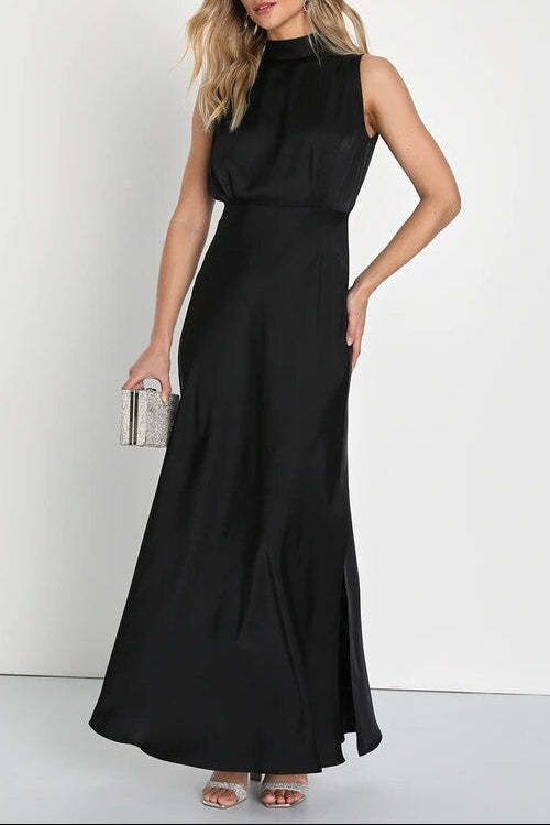 black stand collar slit banquet dress