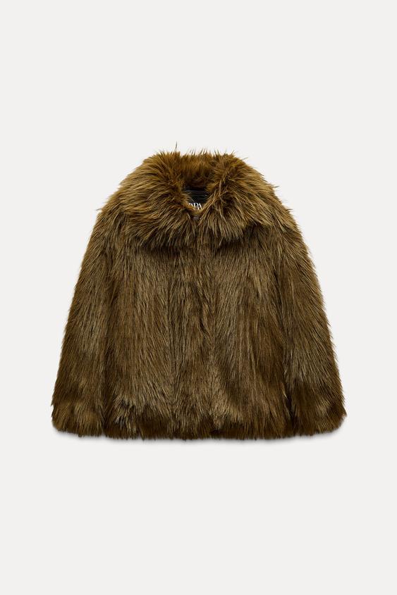 Artificial Wool Fur Cropped Jacket in brown