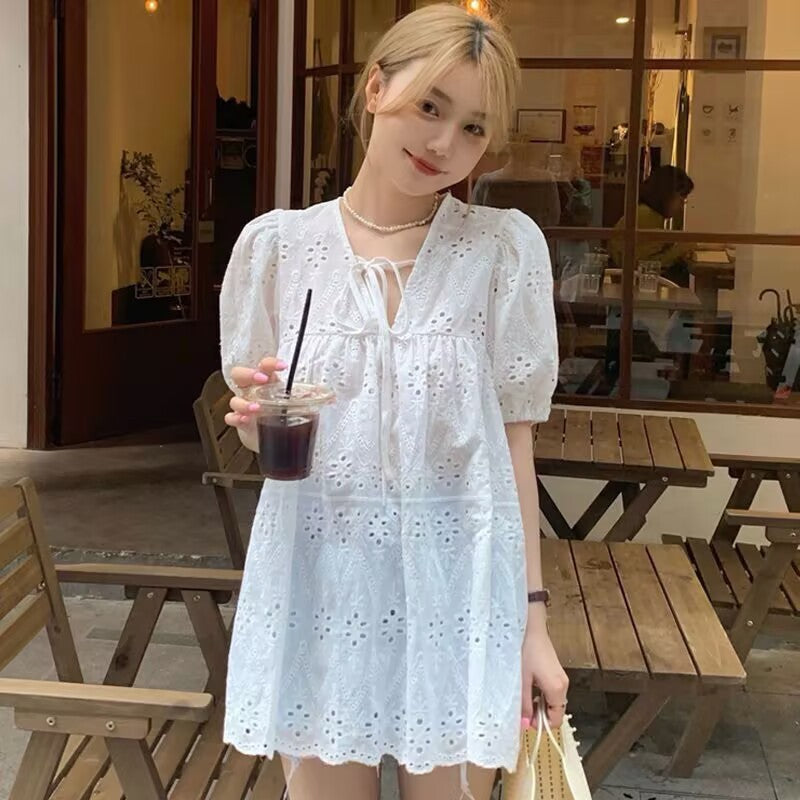 Hollow-out lace puff sleeve blouse