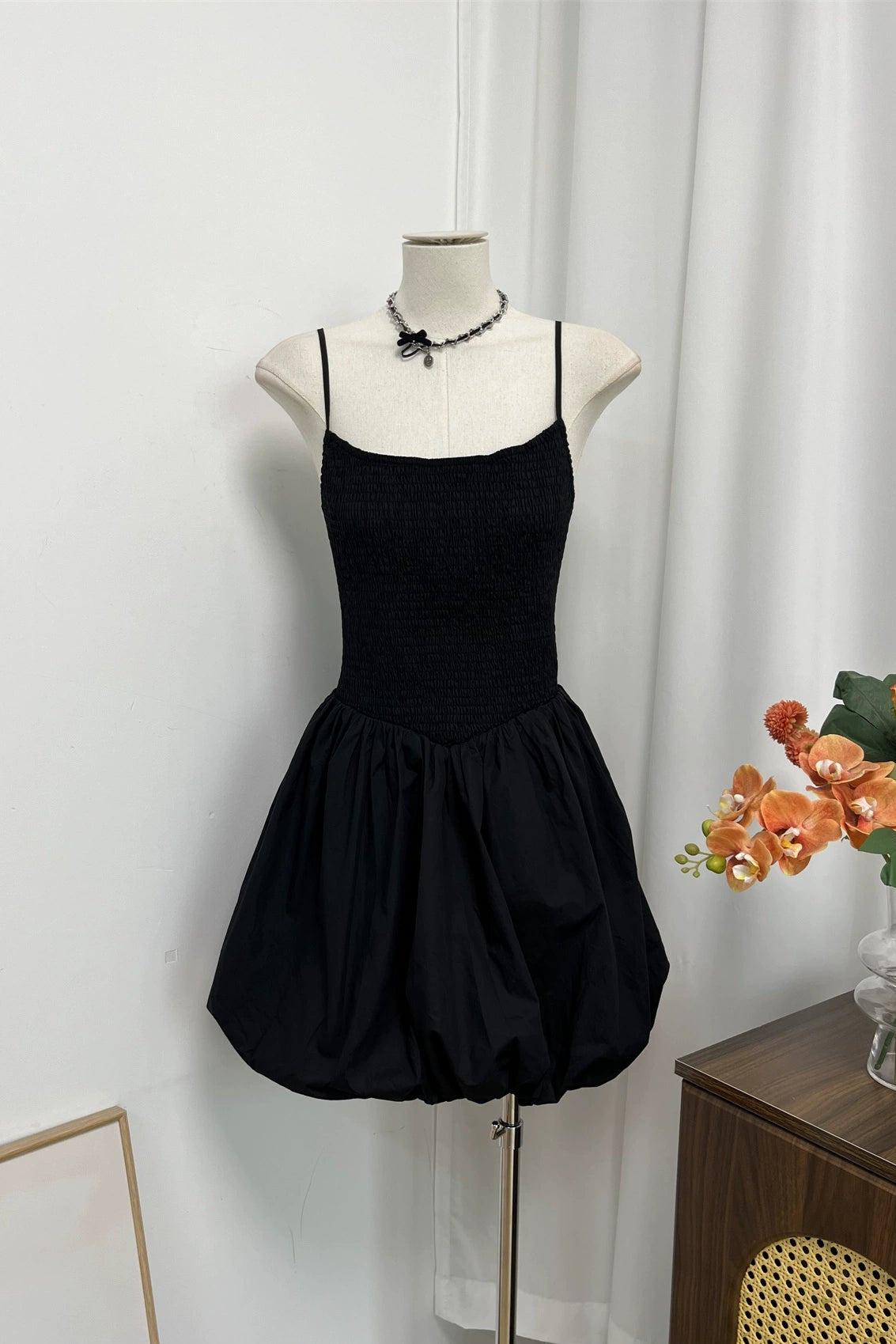 black flower bud mini dress