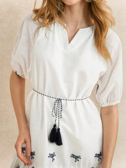 White floral embroidered ribbon crochet mini dress