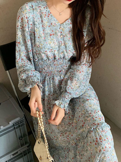 janet Classic Floral Ruffle Chiffon Dress-Yellow