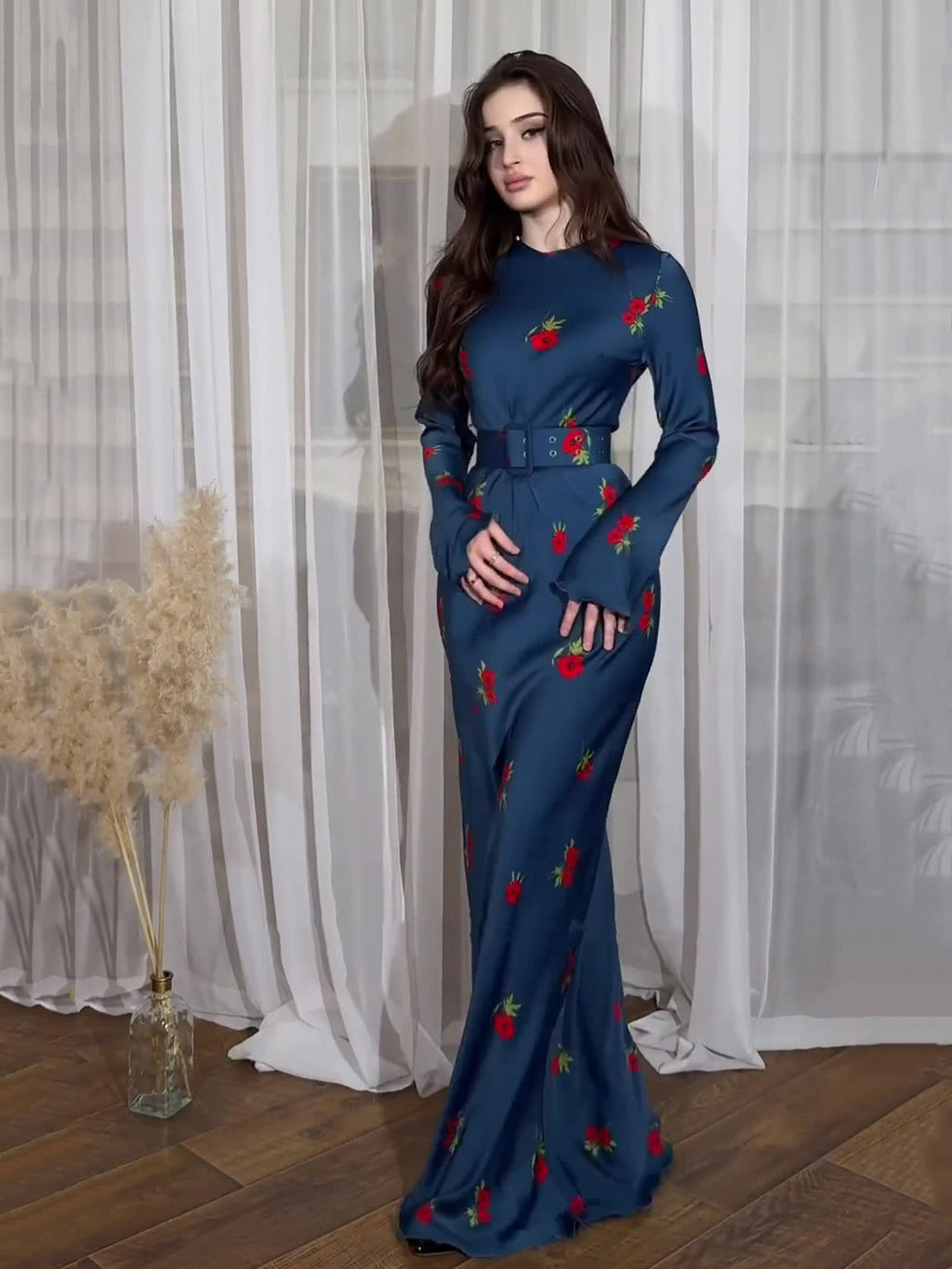 Long Sleeve Round Neck Ice Silk Breathable Flower Print maxi Dress