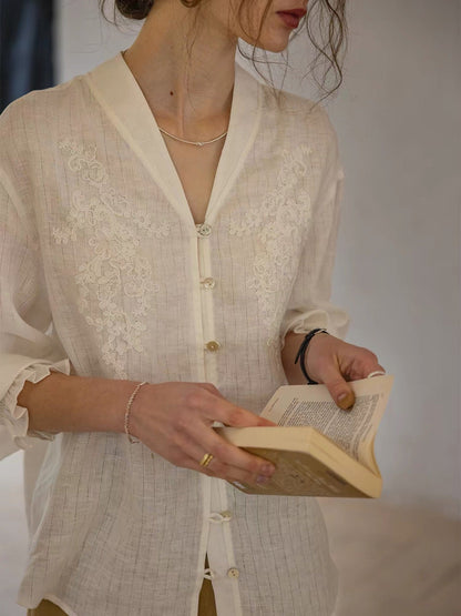 Linen jacquard V-neck rope embroidery shirt