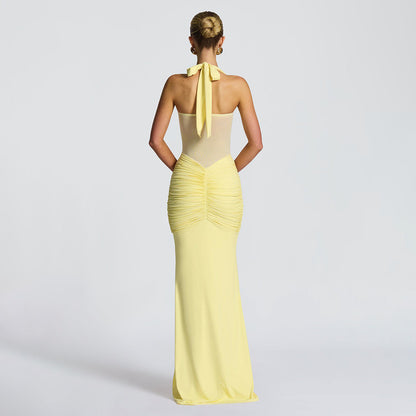 yellow backpack pleated hip dress