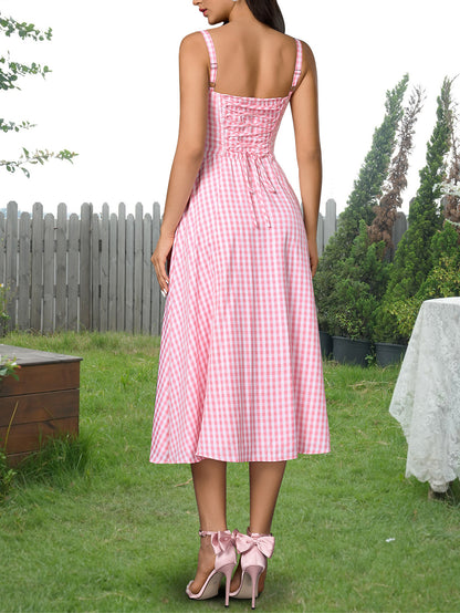 pink plaid herringbone slip slit backless chest tie long dress