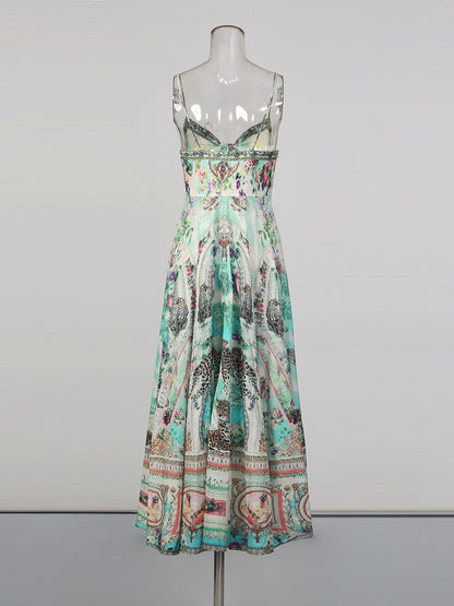 Bohemian print ruffled hem maxi dress - green