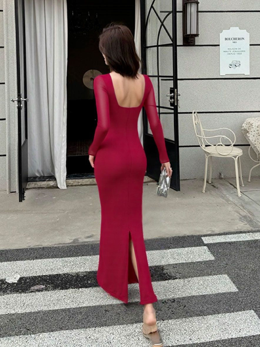 red V-neck backless slit mesh sheer long-sleeve patchwork dress