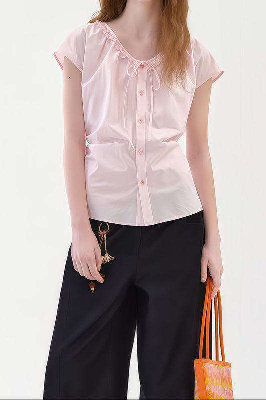 Ruffled V-neck tie-sleeve shirt