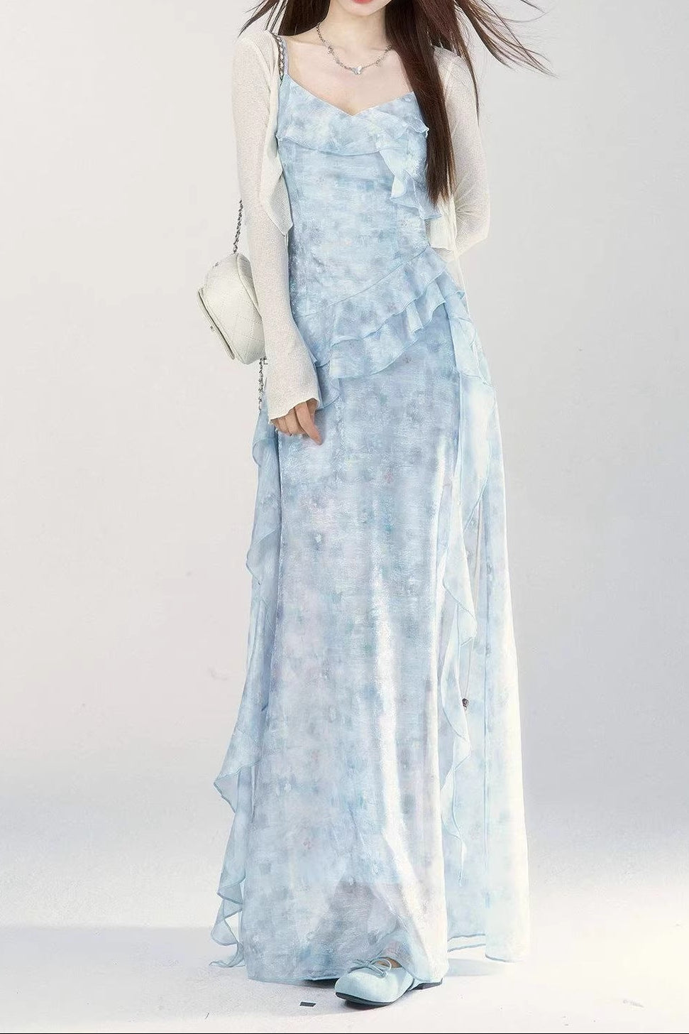 floral print ruffle trim slip maxi dress - blue