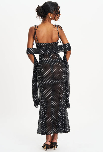 black suspender scarf decorated with polka dot print backless dress