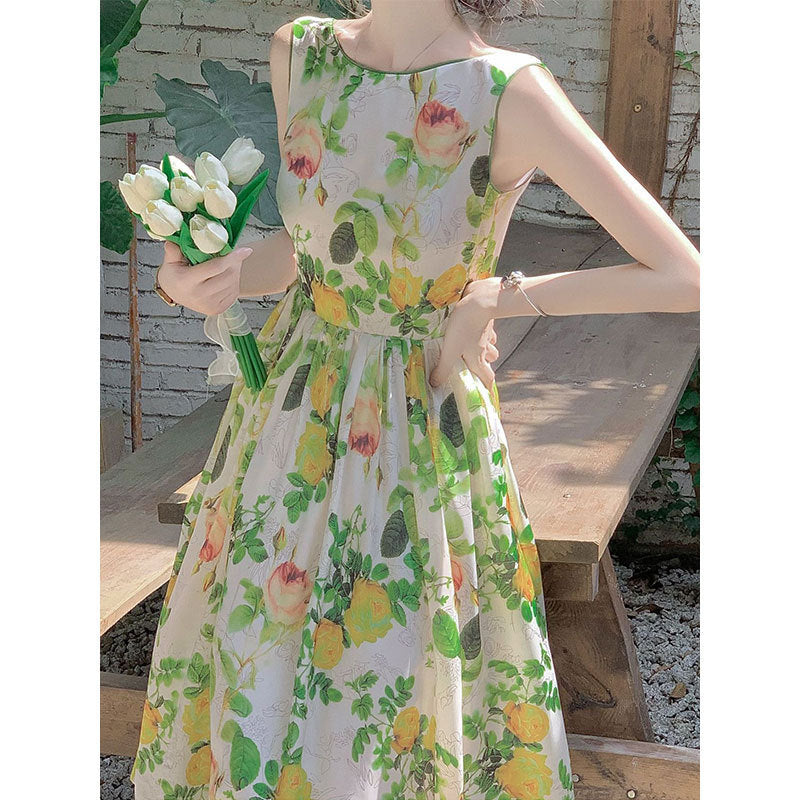 Forest-style green floral print midi dress
