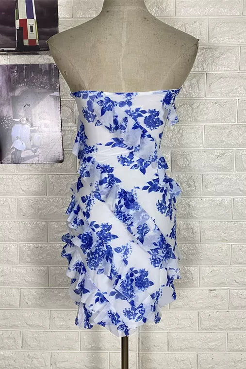 blue bandeau ruffled  wrap mini dress