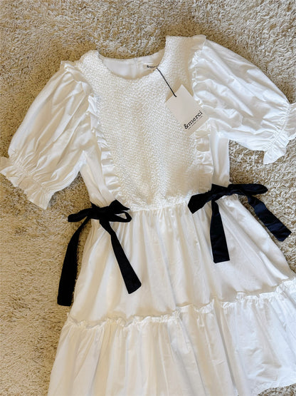 bow ruffled lantern sleeve pocket cotton dress