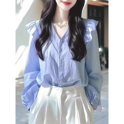 v-neck ruffle trim Long-sleeved shirt - blue
