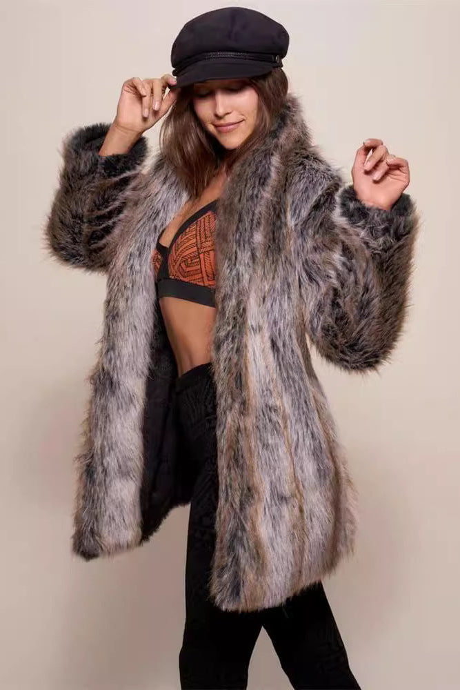 Warm Faux Fur Coat in Brown strips