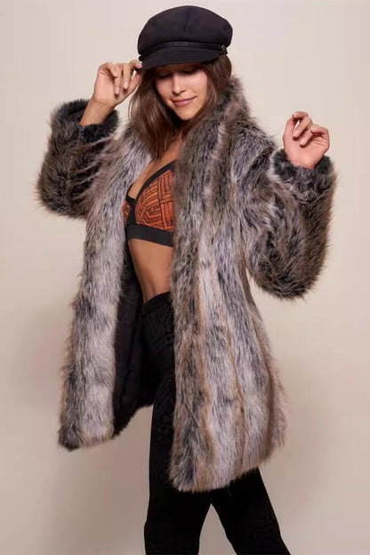Warm Faux Fur Coat in Brown strips