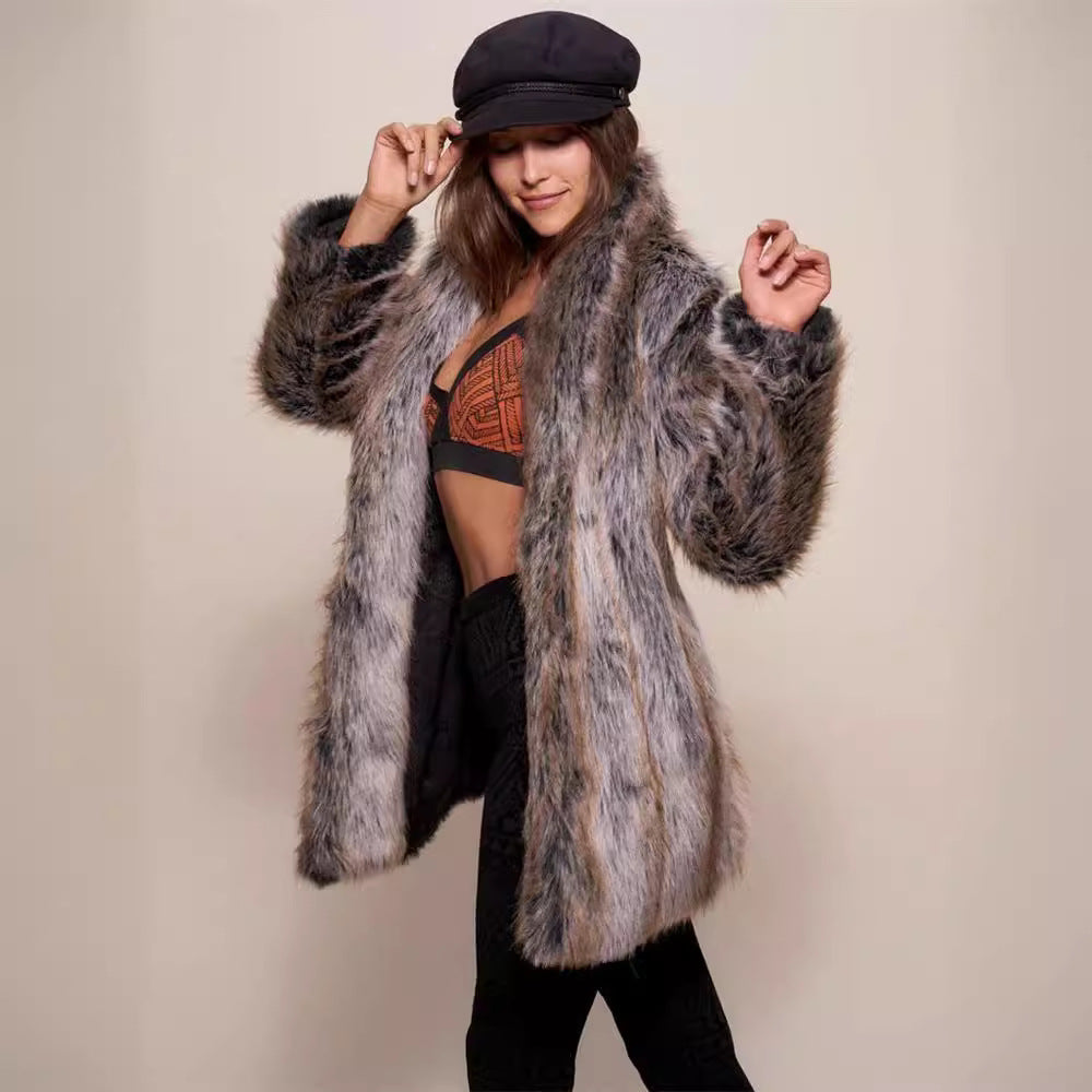 Warm Faux Fur Coat in Brown strips